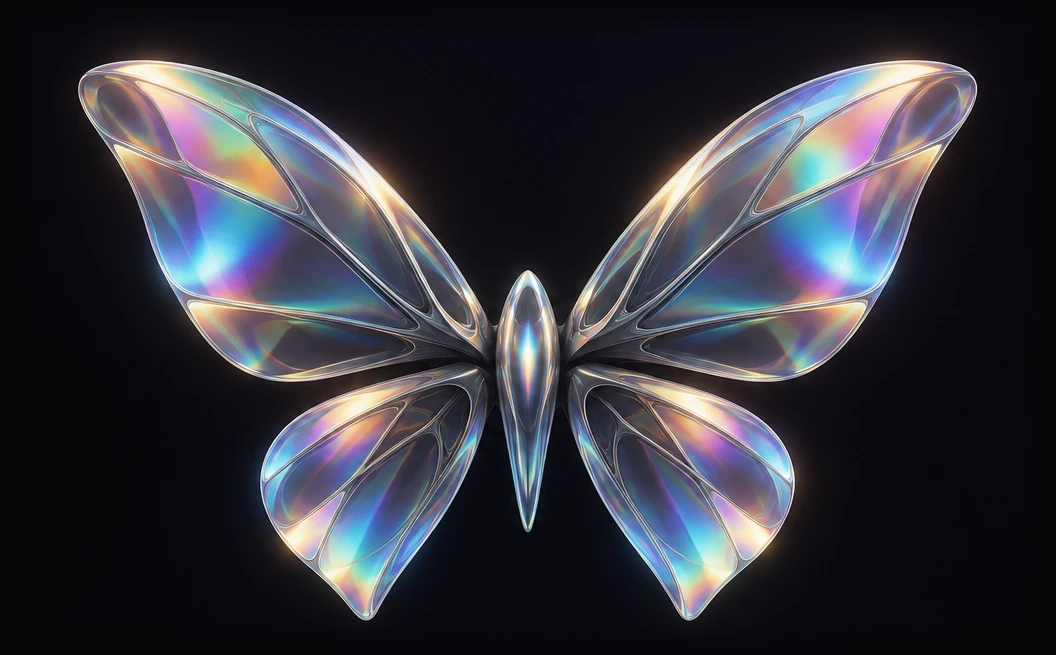 An iridescent mechanical butterfly, the Artificial Beings emblem